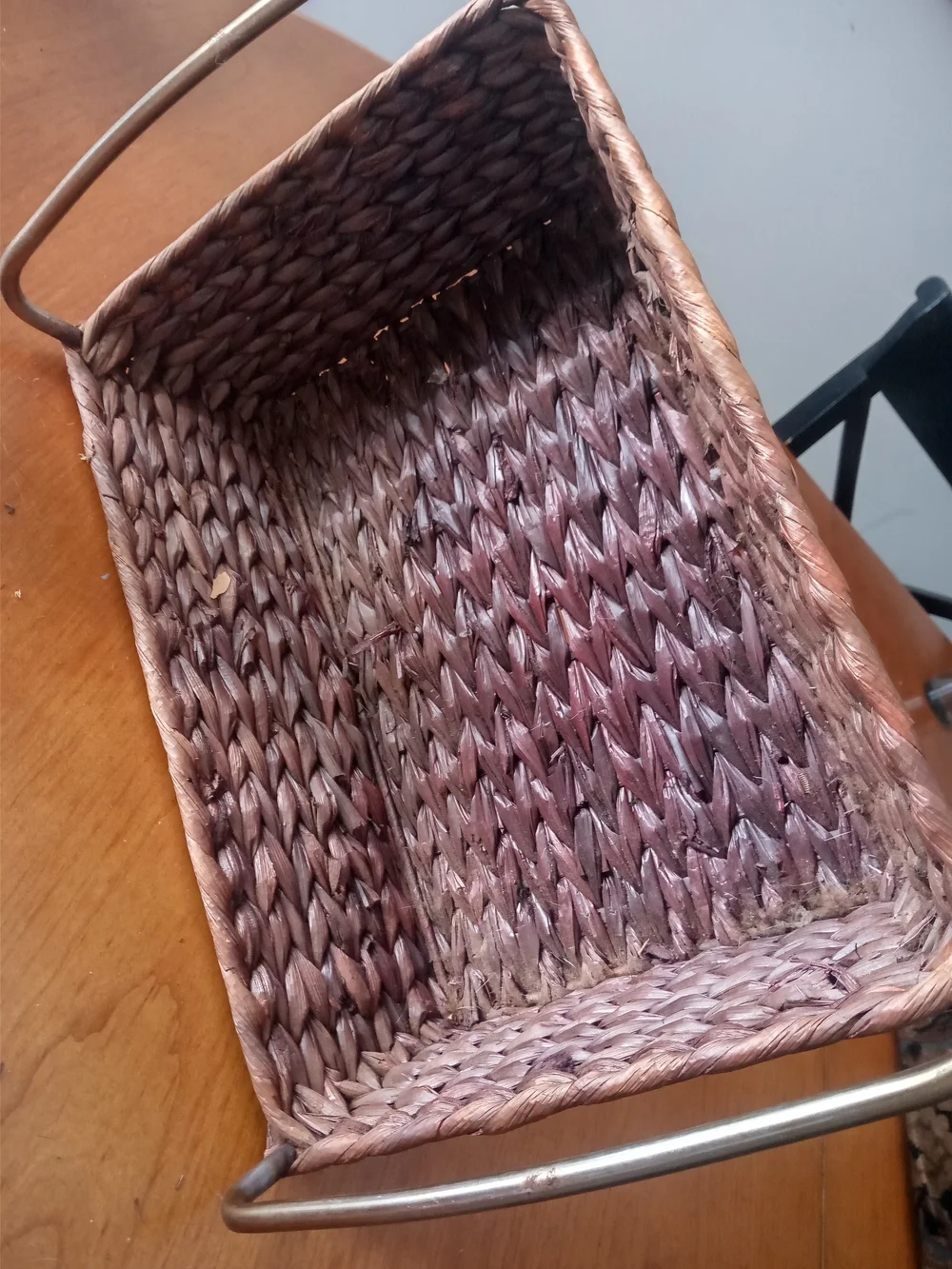Vintage Brown Woven Rectangular Storage Basket with Metal Handles